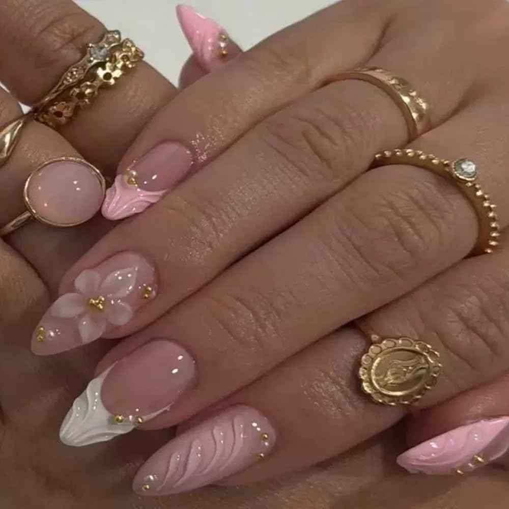 FJSMTOPl Flower Press on Nails Pink Fake Nails Mudium Almond False Nails Press ons with 3D Floral Design Stick on Nails Spring Handmade Acrylic Glue on Nails for Women Manicure 24Pcs