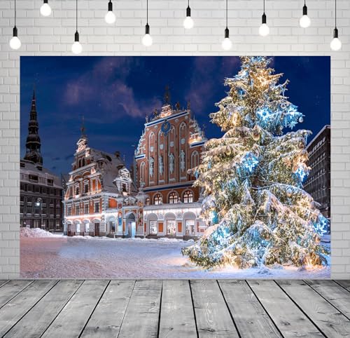 15x10ft Christmas Riga Scenery Backdrop Winter Town Hall Square Snowy Landscape Old Town Christmas Tree Background for Winter Party Decorations New Year Holiday Photo Props Portrait Fabric - size: 15x10FT