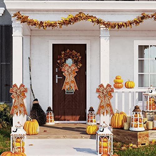 Large Fall Bows for Wreath, Thanksgiving Pumpkin Leaves Wreath Bows Orange Buffalo Plaid Bows for Front Door, Farmhouse Ornament Burlap Tree Topper Bows for Fall Indoor Outdoor Decoration