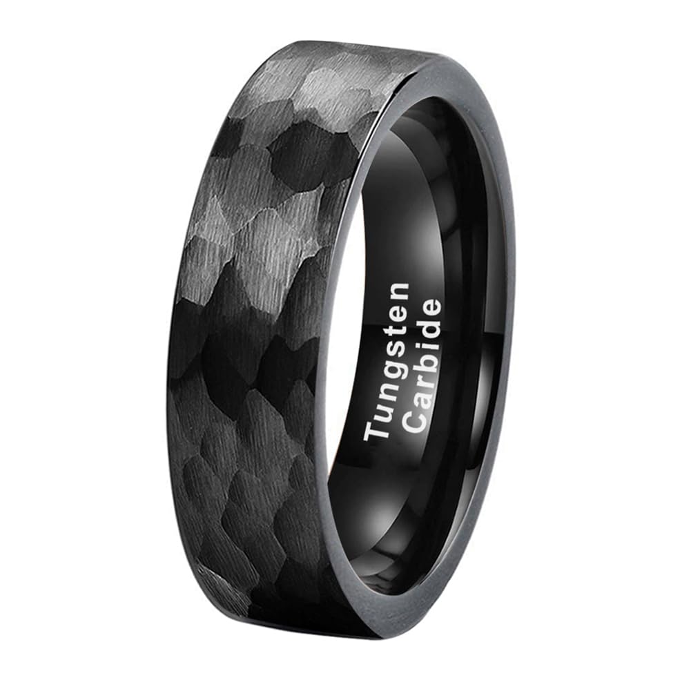 TUTISS 6mm Black Hammered Tungsten Rings for Men Women Fashion Engagement Wedding Bands Pipe Cut Matte Finish Comfort Fit Size 10