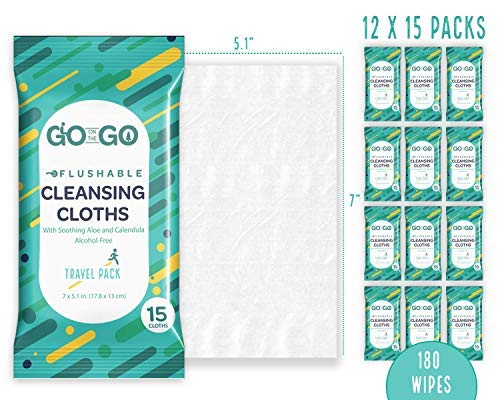Flushable Wet Wipes for Travel - Travel Flushable Wipes with Soothing Aloe and Calendula - 12 Packs of 15 Count Each - 180 Wipes Total