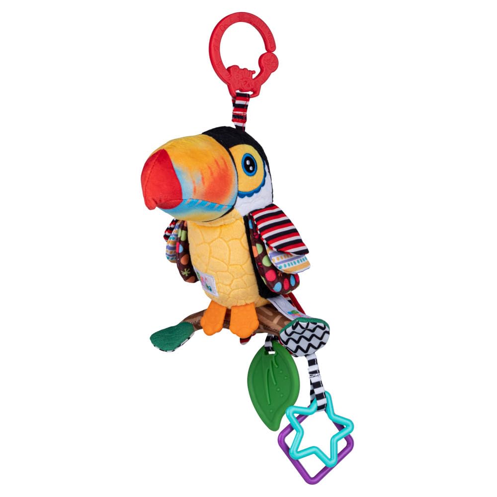 Balibazoo Toucan Hanging Baby Toy – Soft Plush Sensory Rattle with Crinkle Wings, Hidden Bell & BPA-Free Teether | Clip Attaches to Stroller, Car Seat, Gym | Developmental Toy for Babies 0-24M