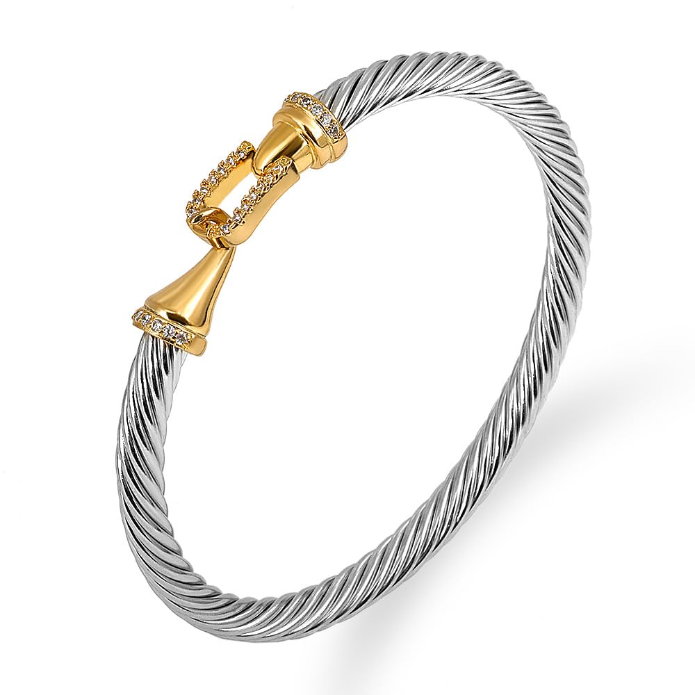 WCB1FPu Stainless Steel Cable Wire Open Cuff Adjustable Size Bangle Zircon inlaid Bracelet (9)