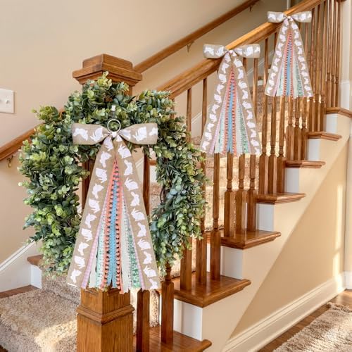 Suncalla 2 Pcs Easter Rabbits Ribbon Bow for Wreath Front Door