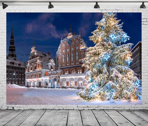 15x10ft Christmas Riga Scenery Backdrop Winter Town Hall Square Snowy Landscape Old Town Christmas Tree Background for Winter Party Decorations New Year Holiday Photo Props Portrait Fabric - size: 15x10FT