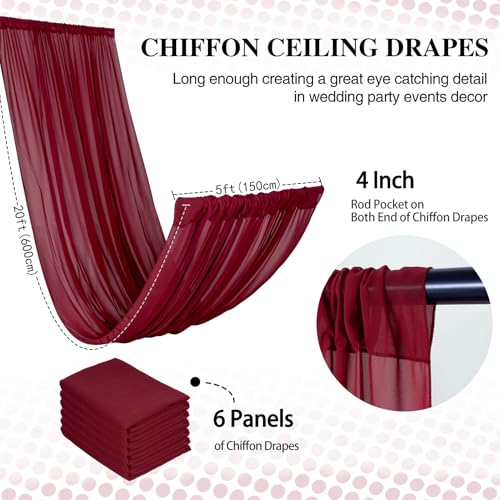 DUOBAO Burgundy 5x20ft Chiffon Ceiling Drapes 6pc Elegant Sheer Wedding Backdrop Curtains Ideal for Tent, Banquet Hall, and Photography - color: Burgundy, size: 60"W x 240"L (Pack of 6)