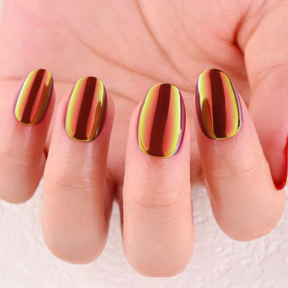 evpct Red Gold Glazed Press on Nails Short Oval, Short Oval Chrome Metallic Aurora Stick on Nail for Women, Reusable Full Cover Soft Press on Fake Nail Perfectly Fit with Glazed Design Salon Quality