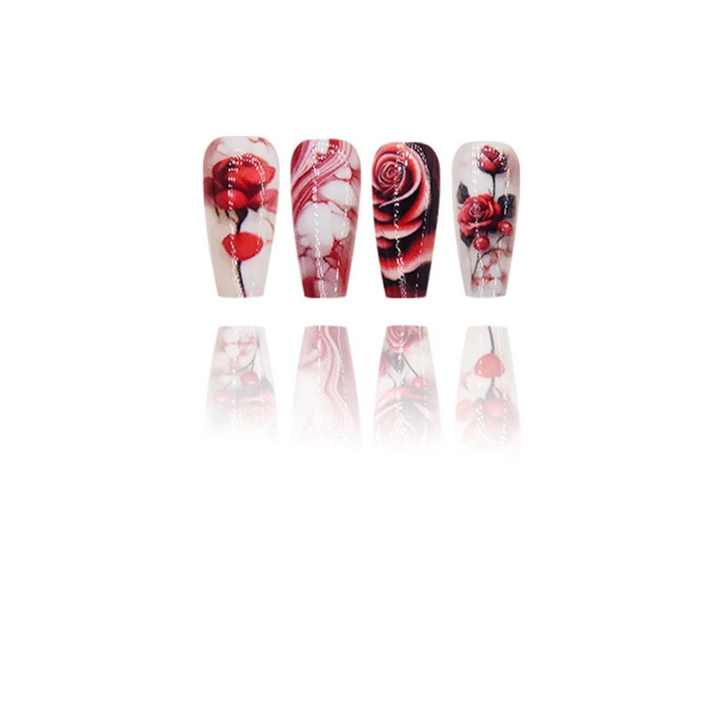 24pcs Rose Press On Nails Medium Coffin Fake Nails Flower With Gradient Design Red Acrylic Nails Full Cover Artificial Nails Glossy Glue On Nails Reusable Stick On Nails For Women Manicure