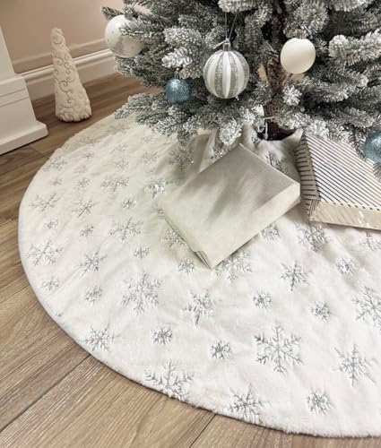 AOGU 60 Inch Sequin Faux Fur Christmas Tree Skirt Decoration for Merry Christmas Party White Plush Silver Sequin Snowflake Xmas Christmas Tree Skirt Decorations