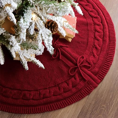 Christmas Tree Skirt 36 Inches: Braided Cable Knit Round Wine Red Tree Skirt, Thick Rustic Christmas Tree Decorations Neutral Christmas Decor Christmas Tree Skirts for Xmas Home Party Supplies