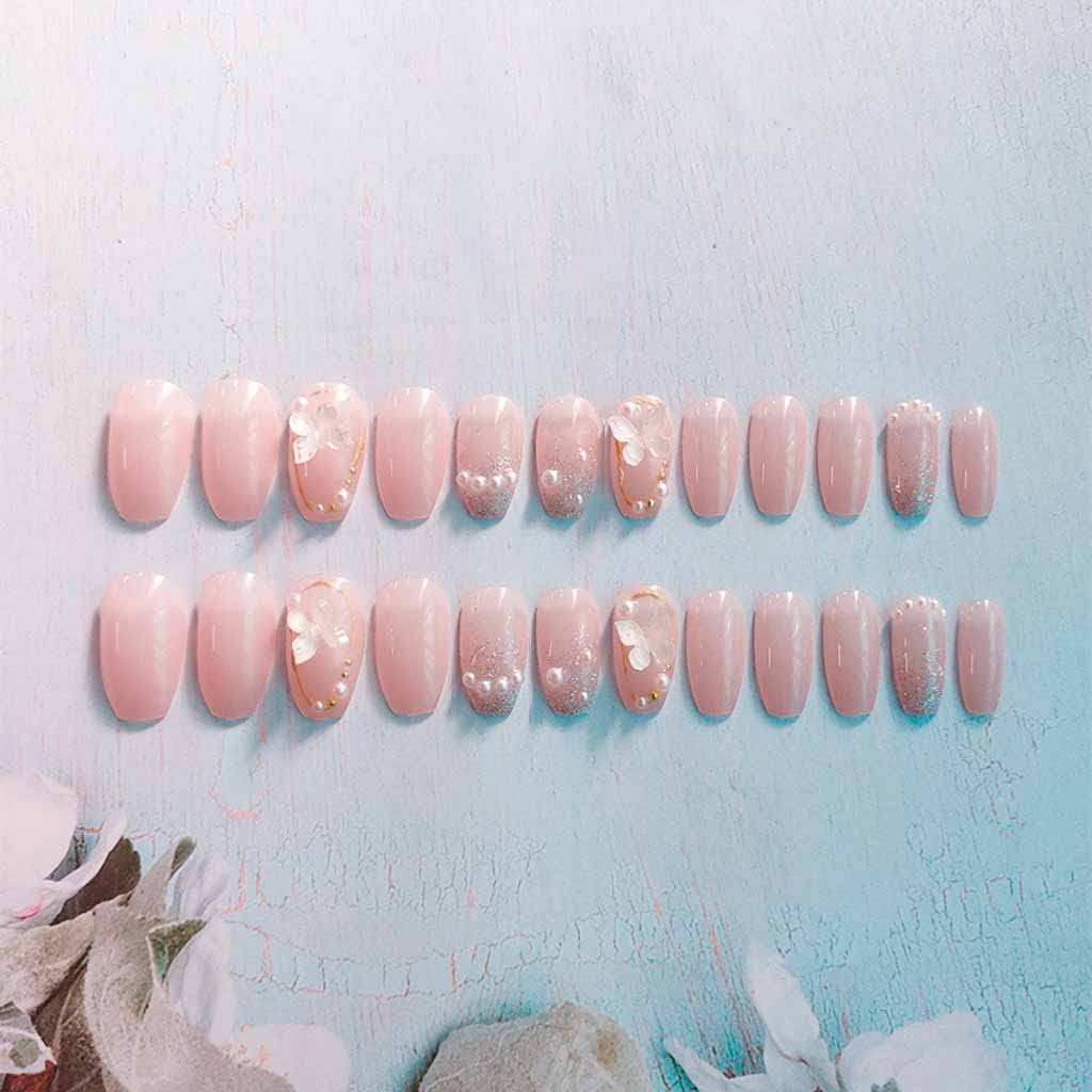 RikView Pink Press on Nails Medium Fake Nails Coffin Nails for Women with Butterflies Design Glossy Nails