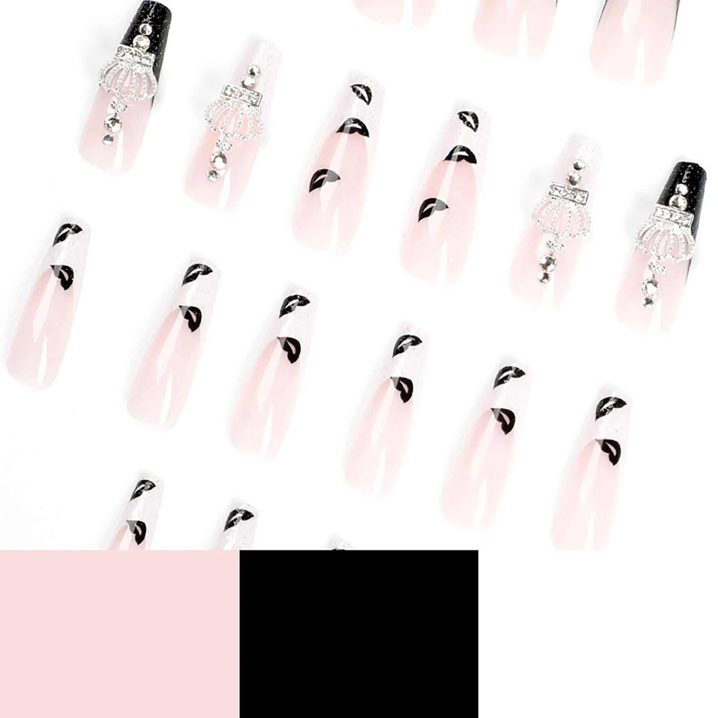 Vezocim French Tips Press on Nails Coffin Long Glossy Full Cover Acrylic Square Fake Nails with Crown Gems Designs Extra Long Artificial False Nails Glue Stick on Fingernails with Charm for Women
