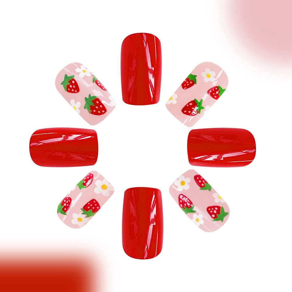 RUPOFUZA Press on Nails Square Short Red Fake False Nails with Lovely White Flowers and Strawberries Design Acrylic Artificial Nail Extra Short Glue on Nail for Women Girls 24Pcs