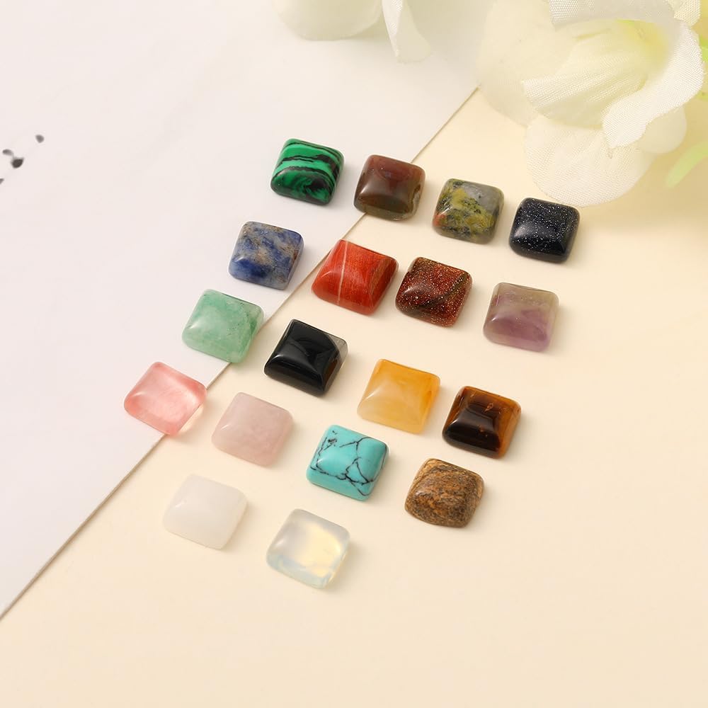 20 Pcs Square Gemstone Cabochons Mixed Nautral Crystal Agate Sotne Flatback Cabochon for Jewelry Making Pendant Decoration Women DIY Gift