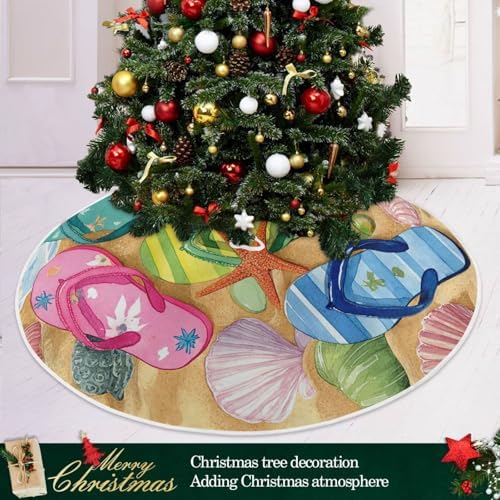 Summer Beach Flip Flops Tree Skirt 48" Spring Summer Large Christmas Tree Skirts Rustic Farmhouse Xmas Mat for Holiday Festival Party Decor