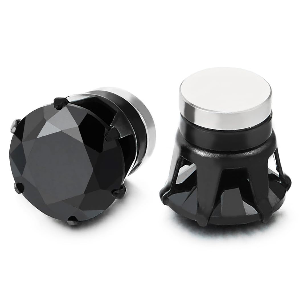 Mens Womens Magnetic Black Cubic Zirconia Stud Earrings Steel, Non-Piercing Clip On Cheater Fake Ear