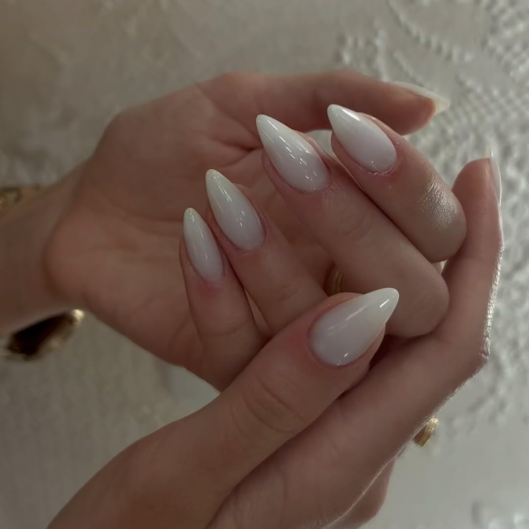 All White Press on Nails Medium Stiletto Almond,KQueenest Pure Color Acrylic Nails Set Reusable Fake Nails with Feature Protective UV Coating for Women Nail Art Manicure in 24 Pieces