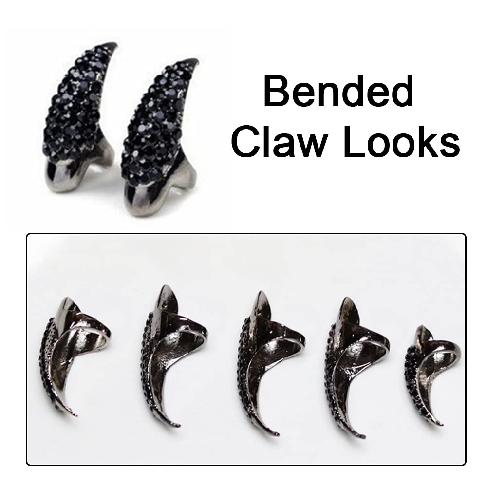 10PCS Halloween Costume Claws,Fake Nails Ring Set, Gothic Punk Crystal Full Finger Rings Paved Paw Bend Fingertip Fingernail Claw Girls Women Men Ring False Easy Long Nails Black(3 Sizes)