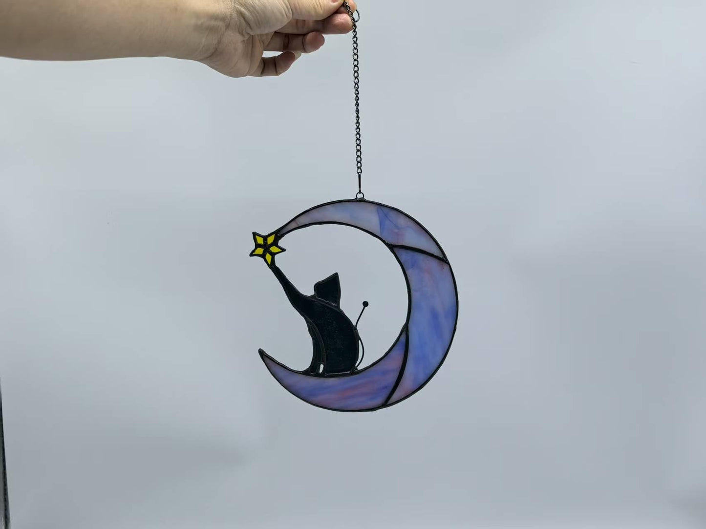 GONGWANTON Handmade Cat Stained Glass Window Suncatcher, Moon Design, Home Decor Hanging Ornament (Gift 5)