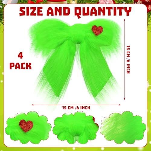 RoundFunny 4 Pcs Christmas Large Green Furry Bow with Red Heart Lime Green Christmas Tree Topper Bow Decoration Gift for Xmas Home Decor Outdoor Indoor Car Ornament