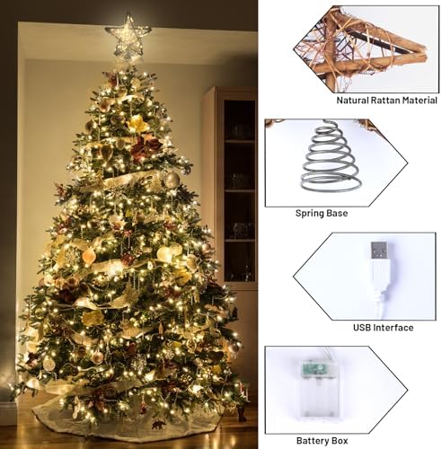 Christmas Tree Topper Star,Rattan Christmas Tree Topper with 50 LED Light,10 Inch Warm White Light Rustic Star for Christmas Tree Decoration Holiday Farmhouse Decor Battery & USB Powered