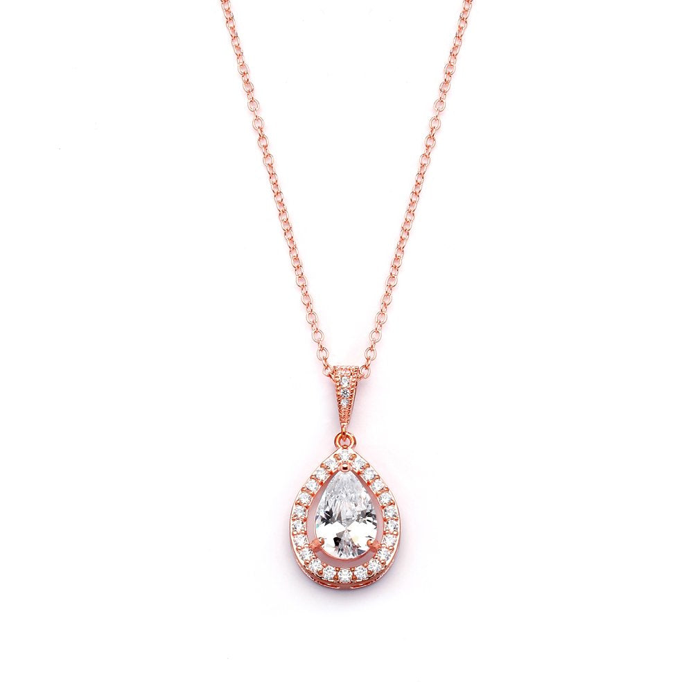 Mariell Rose Gold Cubic Zirconia Crystal Bridal Necklace, Teardrop Pendant Wedding Prom Jewelry Gift