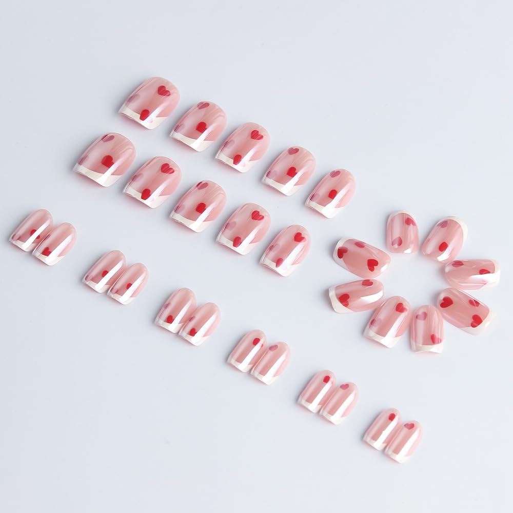 French Tip Press on Nails Short Square Fake Nails Red Heart False Nails with Glossy Metal Chrome Acrylic Nails Shiny Valentine's Glue on Nail for Women Manicure Decoration 30Pcs