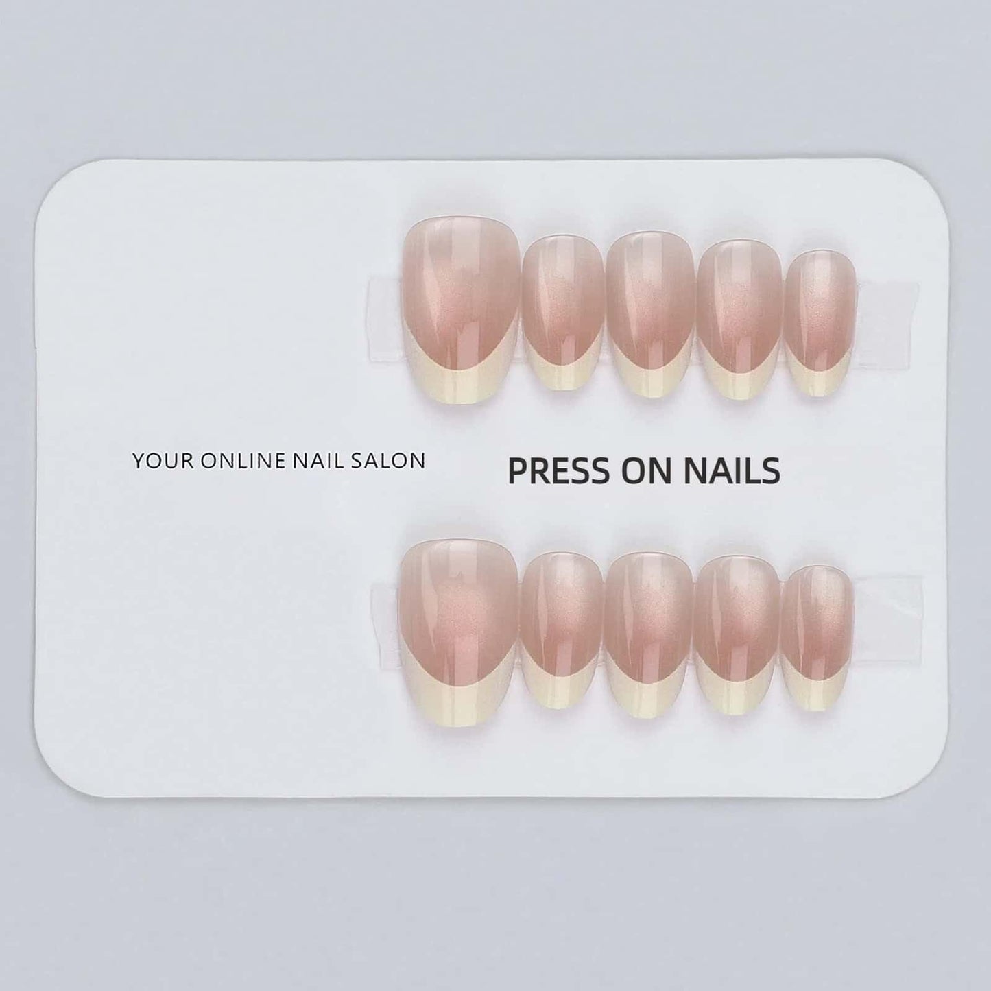 Medium Almond Press On Nails French Nude Pink Cat Eye Fake Nails Finger Tip with White Designs Glossy Full Cover Glue on Nails Reusable Artificial Stick on Nails for Women 30 Pcs