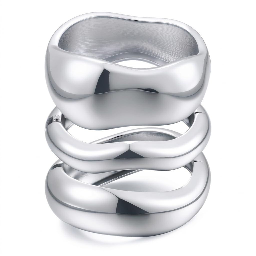Chunky Silver Bangle Bracelets for Women, 14k Silver Plated Dainty Cuff Stackable Bangles Set, Trendy Bracelet Stack Fashion Jewelry Gifts (05-Silver)