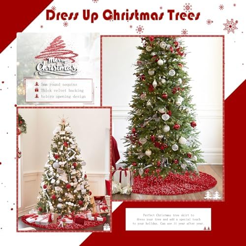 Red Christmas Tree Skirt 48 Inches Glitter Sequin Tree Skirt Embroidered Velvet Tree Mat Large Tree Skirts for 6ft Xmas Trees