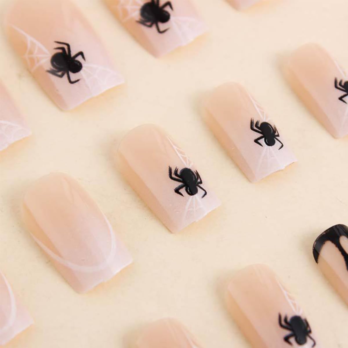 Halloween Square Press on Nails Medium Nude Fake Nails with Spider Web Designs Halloween Glue on Nails Spider Nails Press ons French False Nail for Women DIY Manicure Decorations 24Pcs