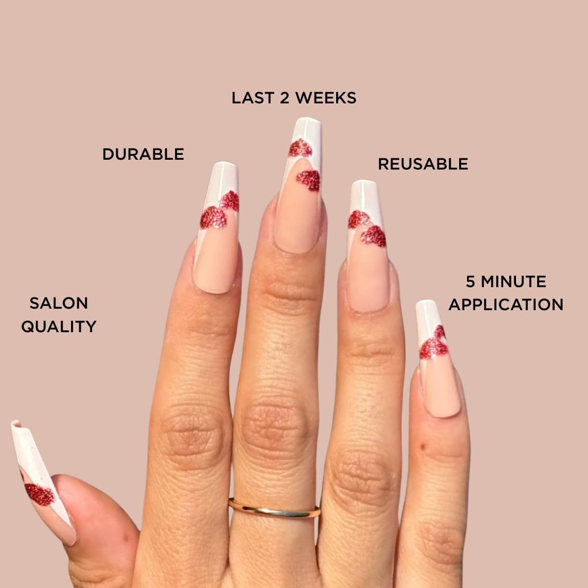 FRENCH LOVE Press-On Nails by Lavaa Beauty | Extra-Long Coffin Nails | French Tip with Small Red Hearts Valentine's Day Nails