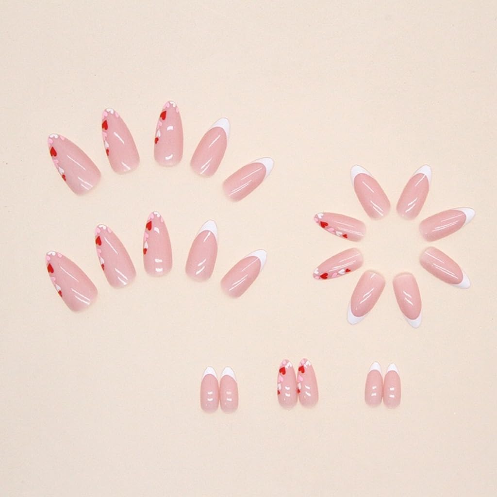 CTTHNBD Press on Nails Almond - Medium Fake Nails with Pink Red Hearts Design - White French Tip False Nails for Women - 24 Pcs