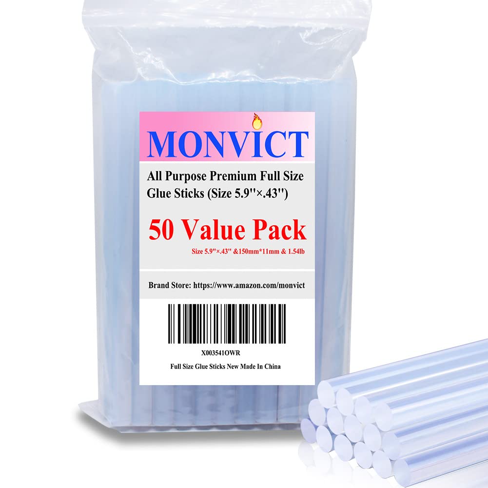 MONVICT 60/100W Full Size Hot Glue Gun Kit and Pack of 50 Hot Glue Sticks 5.9' & 0.43, Base Stand Heavy Duty Melt Glue Gun Kit with 15 Pcs Glue Sticks & 3 Finger Protectors for Quick Repairs,