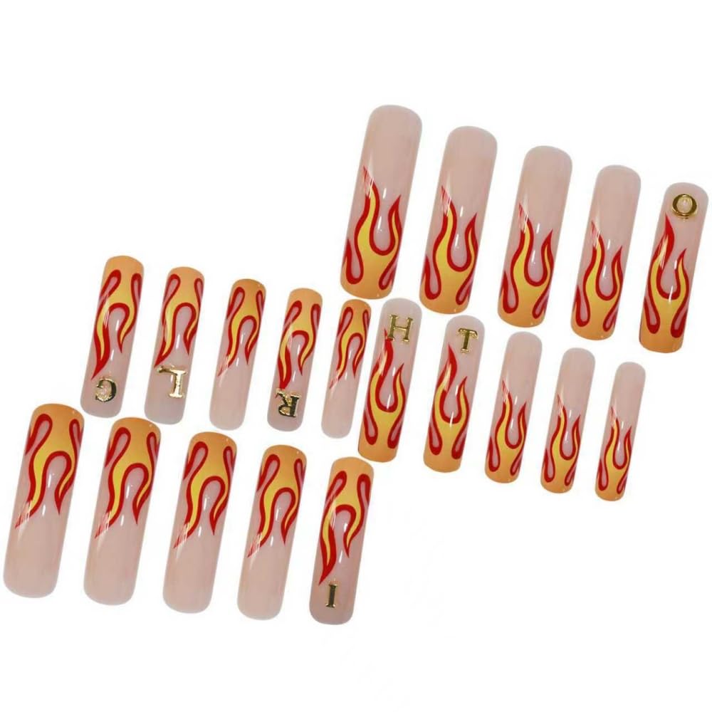 48Pcs Curved Press on Nails Orange Red Flame Press on Toenails Long Fake Nails with 5D Letters Charm Design Glossy Rhinestones Fake Toenails Glossy Full Cover Nails Press on Set for Women Manicure