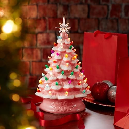 Casafield Hand Painted Ceramic Christmas Tree, Pink Snow Flocked 15-Inch Pre-Lit Tree with 128 Multi Color Lights and 2 Star Toppers