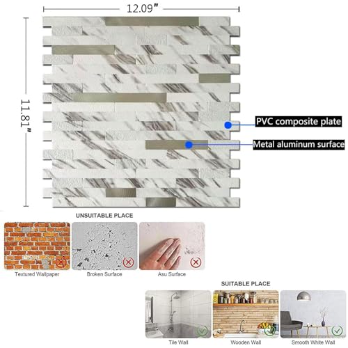 10-Sheet Peel and Stick Backsplash Tile, PVC Mixed Metal Stick on Kitchen, Bathroom Vanities, Fireplace Décor, Laundry Table(White Marble + Silver-2) - color: White Marble + Silver-2