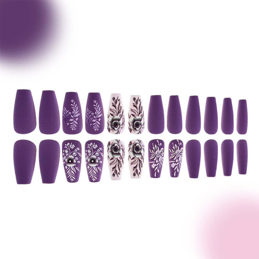 Medium Press On Nails Coffin Fake Nails Flower With Leaf Design Purple False Nails Full Cover Artificial Glue On Nail Full Cover Matte Acrylic Stick On Nail For Women Spring Nails 24pcs