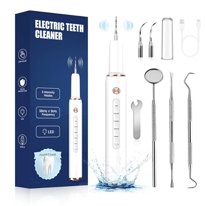 Plaque Remover for Teeth, Tartar Remover for Teeth, Electric Tartar Scraper with 5 Modes and LED Light, IPX6 Waterproof Dental Cleaning Kit Includes Tongue Cleaner, Mirror & Tools for Home Use