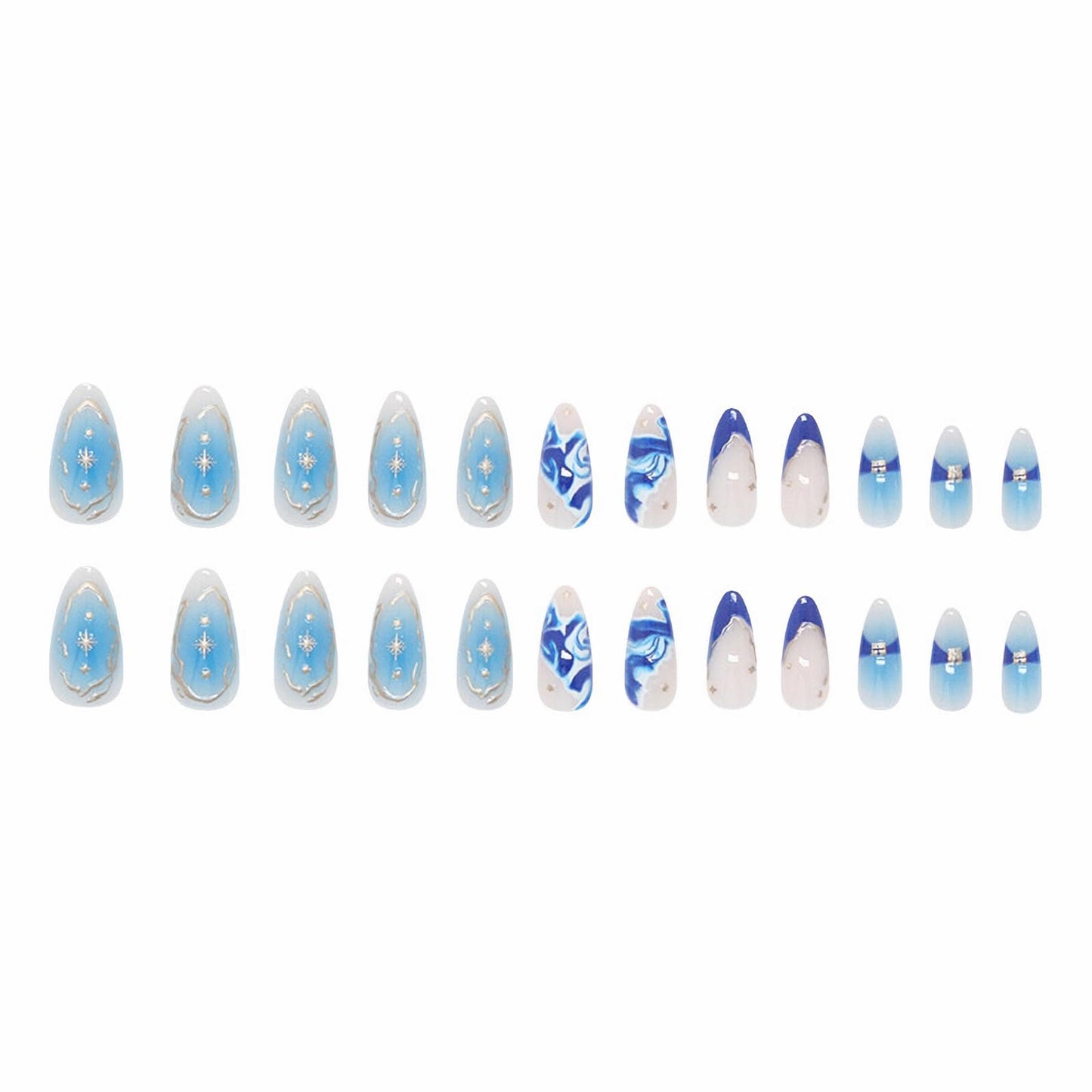 MISUD Press on Nails - Medium Almond Fake Nails with Summer Beach Acrylic Blue Ombre Design 24 pcs