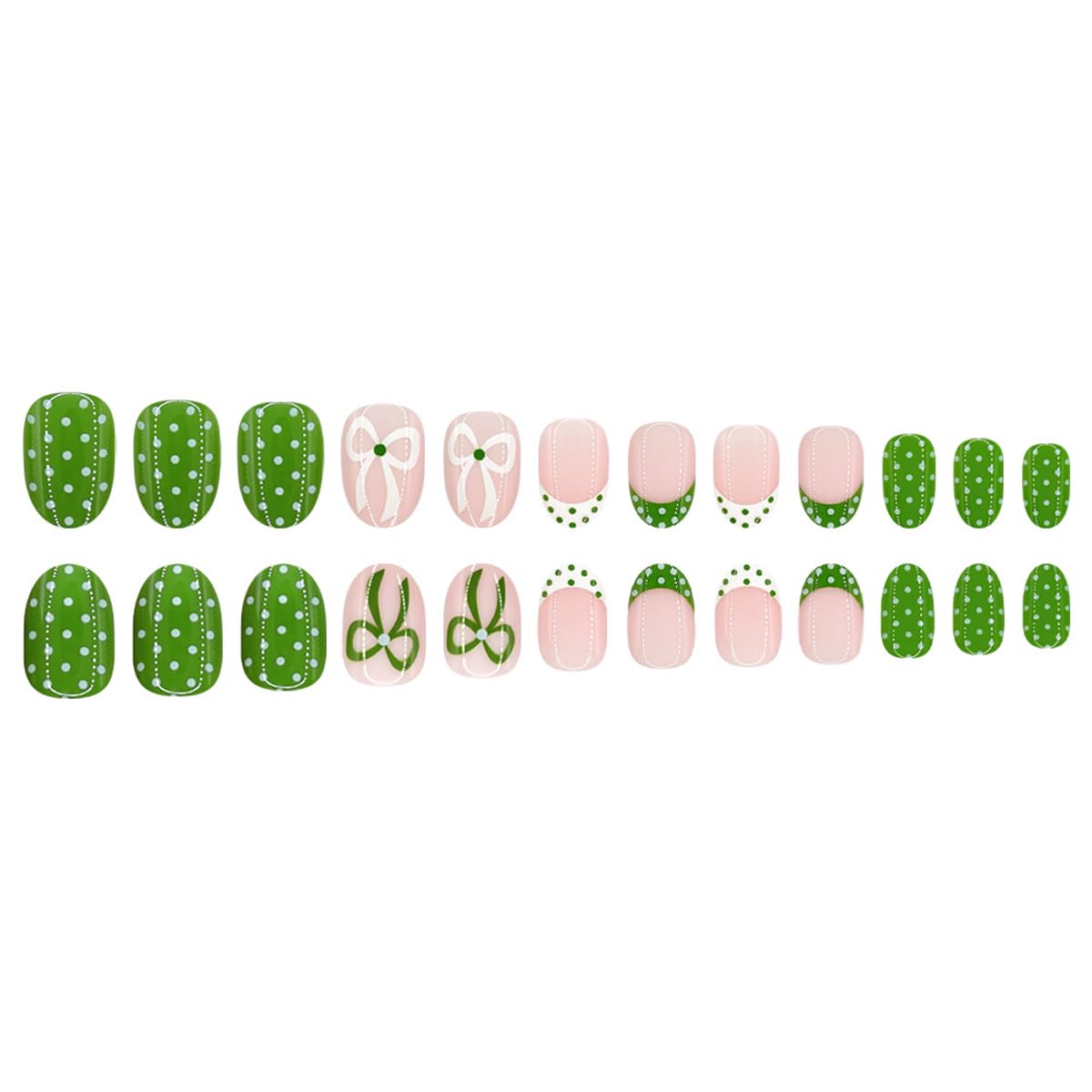 Green Press on Nails Short Oval Fake Nails Cute Spring French Tip Nails Press ons with Polka Dots,Bow Design,Reusable Artificial Nail Full Cover Stick on Nails for Women Manicure 24Pcs