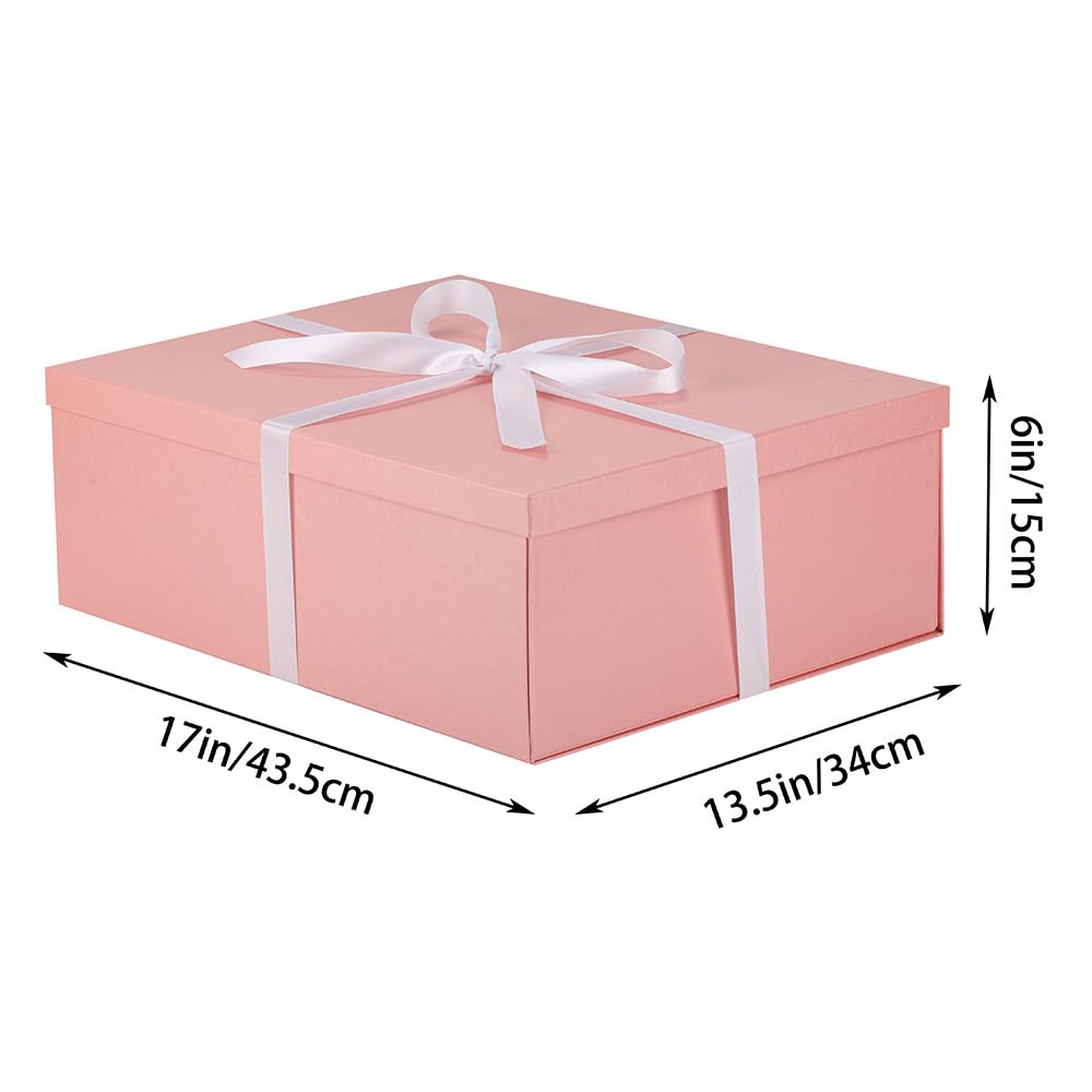 Extra Large Gift Box with Lid 17x13x6 Inches, Pink Gift Boxes for presents Packaging for Birthdays, Valentine's Day, Christmas, Anniversaries (Include Shredded Paper Fill, Envelope Card Ribbon)