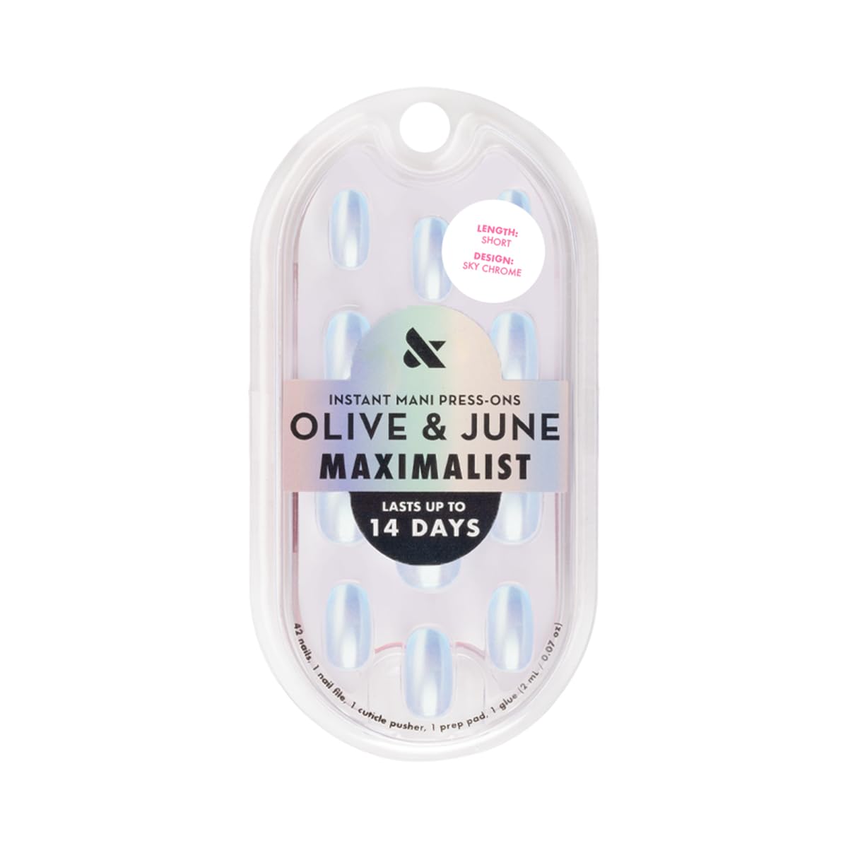 Olive & June Maximalist Instant Mani Press-On Nails (Glue) | 42 Fake Nails, 21 Sizes | Non-Toxic, Long-Lasting Big, Bold Gorgeous Realistic Look | Salon-Quality at Home | Short, Round | Sky Chrome