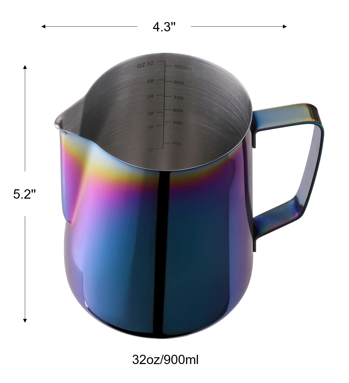 Joytata Milk Frothing Pitcher 32oz Stainless Steel Cup Double Measurement Scale Perfect for Latte Art Frother SUS304 Steaming 900ML Rainbow, Multicolor