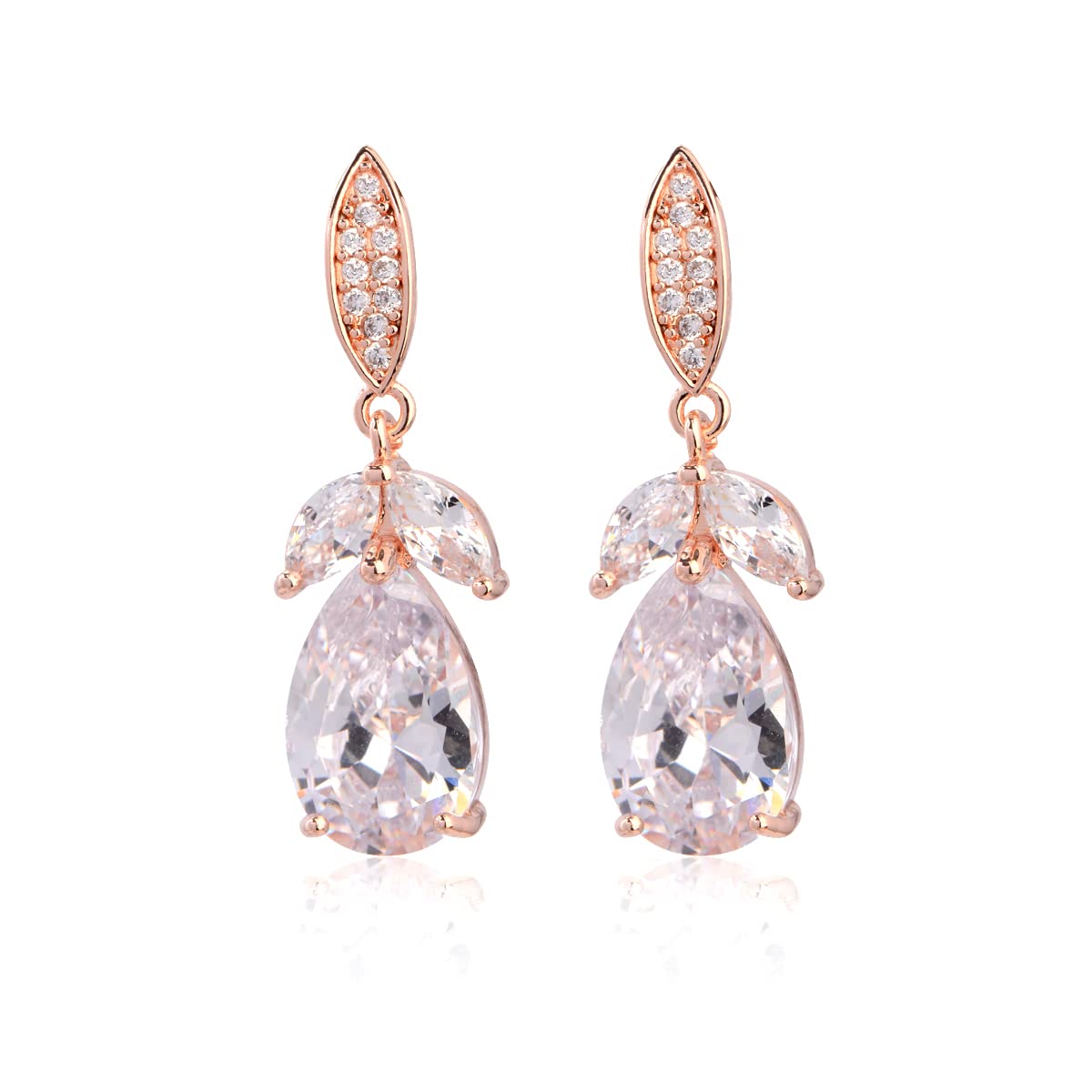 Women's Cubic Zirconia Bridal Earring Elegant 14k Rose Gold Plated Teardrop Cluster Floral Leaf CZ Crystal Rhinestone Wedding Earring for Bride Bridesmaids Party Prom