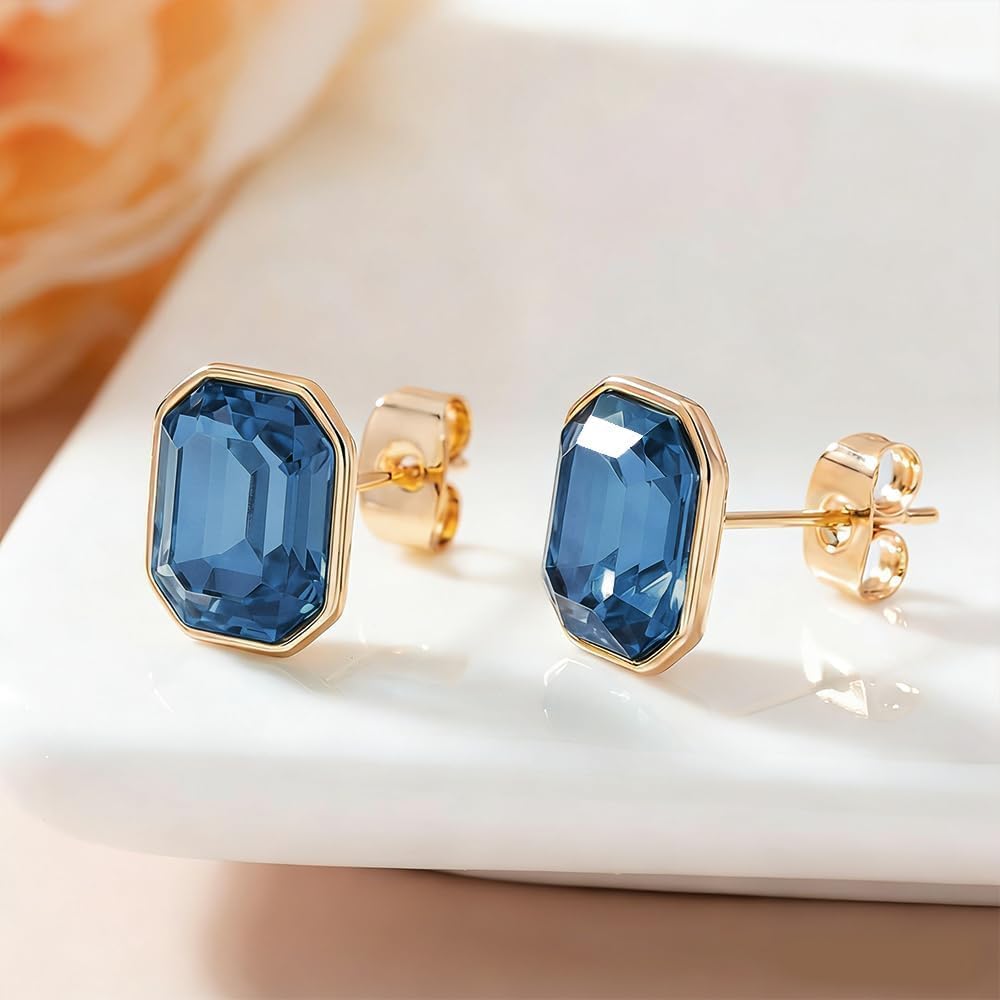 Austrian Crystal Octagon Stud Earrings for Women Fashion 925 Sterling Silver Post Hypoallergenic Jewelry (Dark Blue)