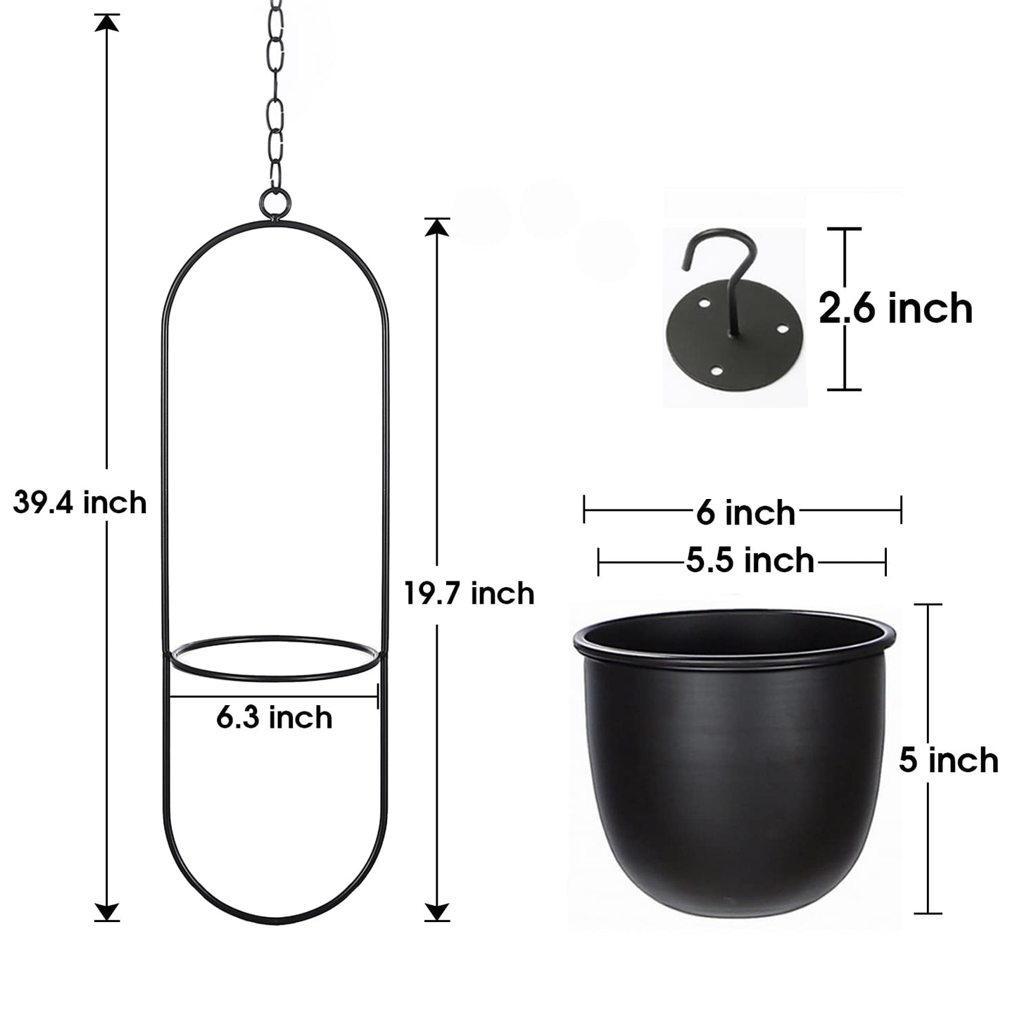 Eco Joy Shineloha 2 Pack Hanging Planters for Indoor Plants with 5.5" Pot + Ceiling Hook | Black Hanging Planter, Metal Plant Hanger, NO Plant incld