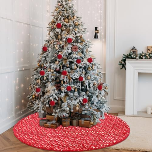 Arrowbash 48 Inch Christmas Tree Skirt Decor, Gold Elk Snowflake, Red