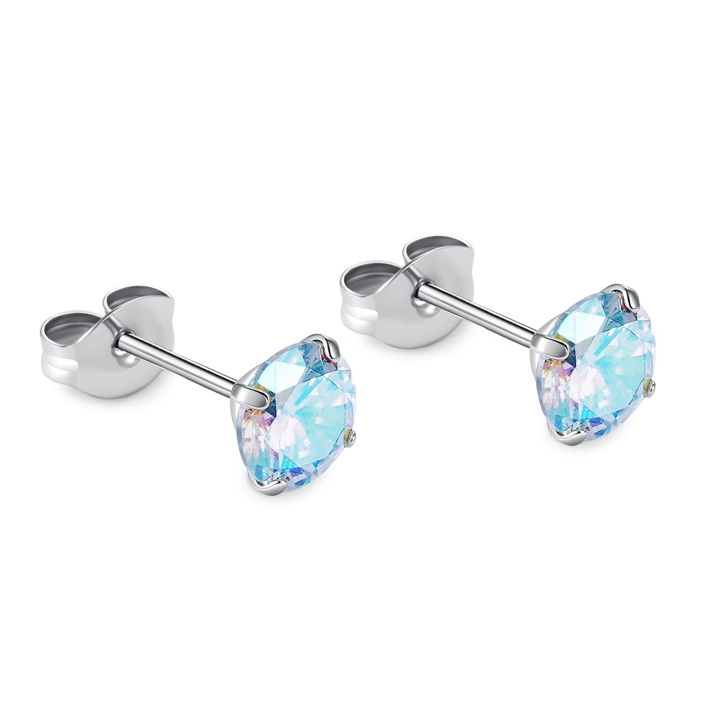1 Pair Implant Grade Titanium Stud Earrings Set Hypoallergenic 3mm 4mm 5mm 6mm Cubic Zirconia G23 Titanium Earring Studs for Women Men for Sensitive Ear (6mm Aurora)