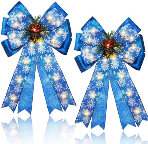 2 Pcs Pre-Light Christmas Decorative Bows for Wreath, 20 X 12” Large Christmas Tree Topper Bow with Bells, Berry, Pine Cones, 40 LED Silver Snowflake Ornament Bow for Indoor/Outdoor- Blue